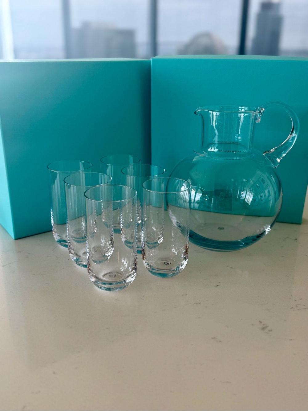 New Tiffany & Co. Clear Glass Pitcher and Tumbler Set
